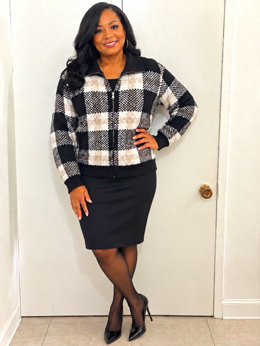 Plaid knit full zip collared - zip,